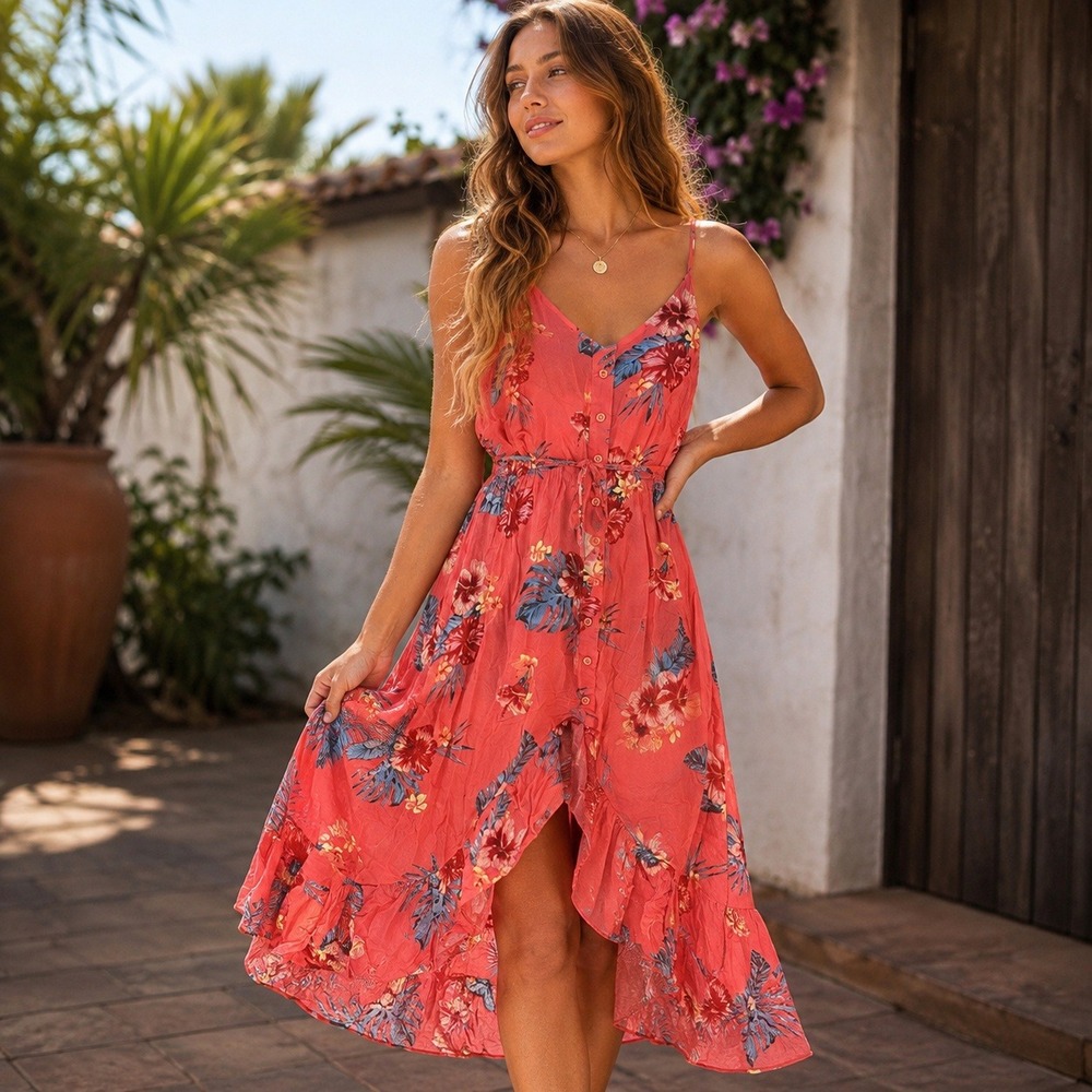 Rue21 Tropical Floral High-Low Maxi Dress Coral Pink Y2K Summer Small